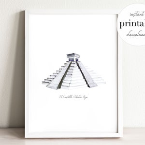 May include: A black and white watercolor illustration of El Castillo, the main pyramid at Chichen Itza, a Mayan archaeological site in Mexico.