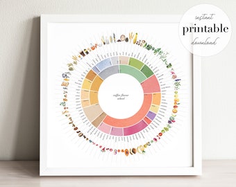 Coffee Flavor Wheel Printable | Kitchen Wall Art | Kitchen Decor Coffee Gift | Coffee Lover Gift | Watercolor Coffee Types | Coffee Decor