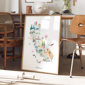 Kalifornien illustrierte Zustand Karte, Kalifornien Wand Kunst Druck, Kinderzimmer Dekor, USA Karte, Kunst Druck, Kinderzimmer Wandbild