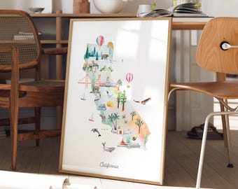 Impresión de mapa de acuarela de California: monumentos estatales ilustrados, decoración infantil
