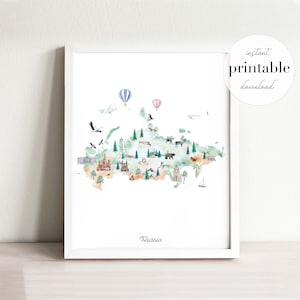 Russland Karte Illustriert Printable | Home Decor Reise Poster | Kinderzimmer Kunst Reise Karte | Karte Druck | Fernweh Reise Kunst | Kinderzimmer Dekor