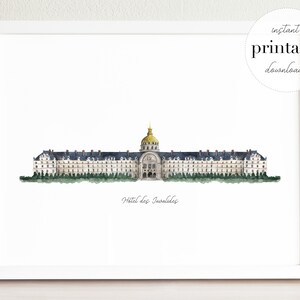 Les Invalides Printable, illustration, wall art print, home decor, french landmarks, kids room, travel print, france, paris, watercolor