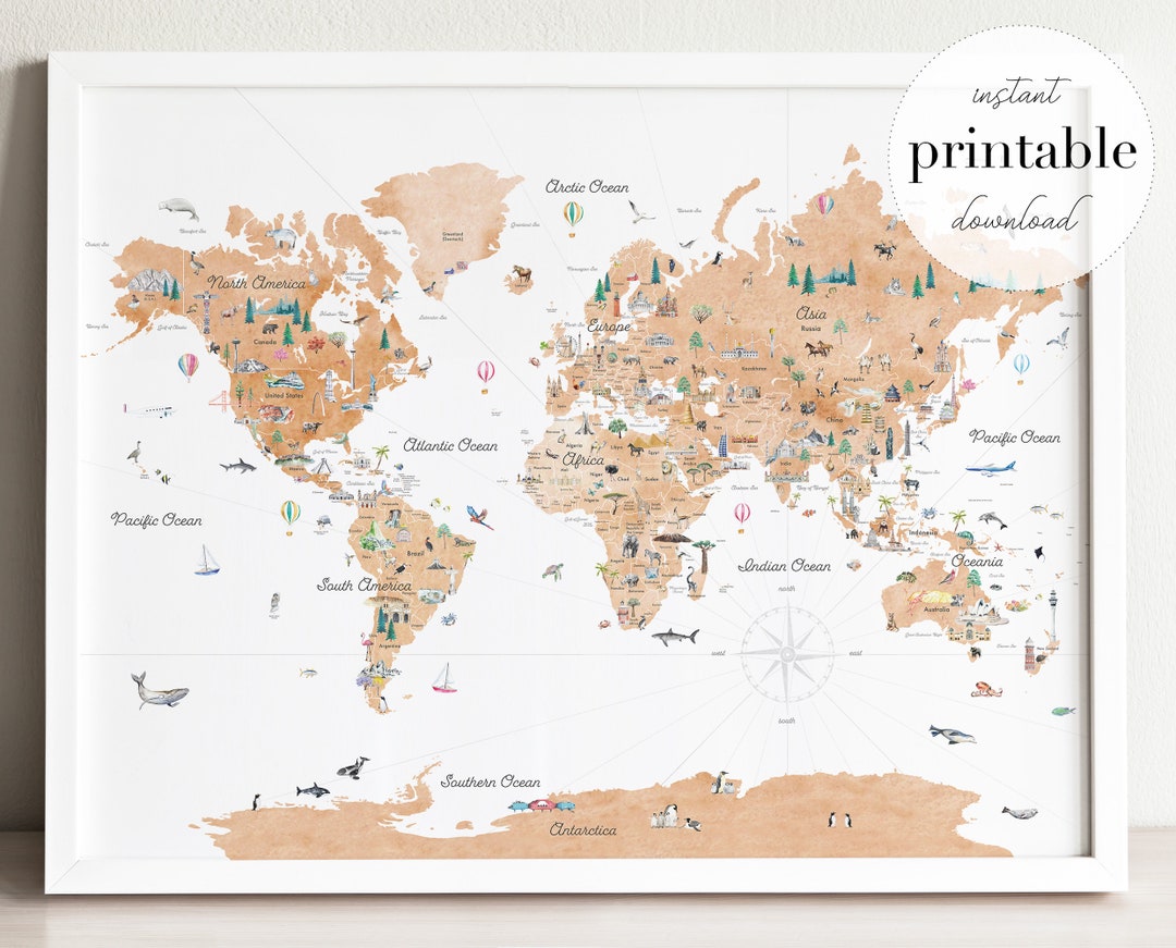 Tan Educational World Map Printable Nursery Decor World Map Etsy
