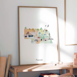 Nebraska Aquarell Karte Druck: Illustrierte State Art, Kinderzimmer Deko (Digitaler Download)