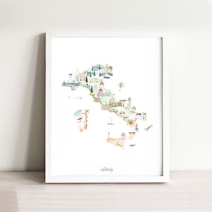 May include: A framed watercolor print of the map of Italy featuring various illustrations of landmarks, nature, and cultural icons across the country, with the word Italy printed in a simple black font at the bottom center of the white paper.