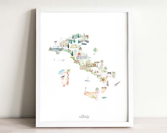 以下が含まれることがあります： イタリアの地図を描いた額装済みの水彩画プリント。国内各地のランドマーク、自然、文化的なアイコンが描かれており、白い紙の下部中央にはシンプルな黒いフォントで「Italy」という文字が印刷されています。