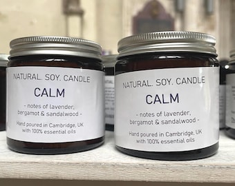 Aromatherapy Soy Candle with calming oils, Lavender, Bergamot, Sandalwood Essential Oils, Hand-Poured, natural wax