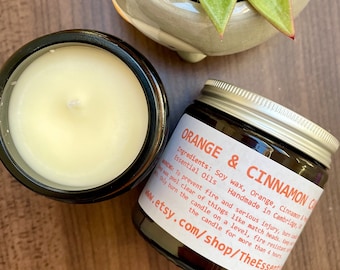 Soy Wax Candle: Orange & Cinnamon Scented, Essential Oils Infused