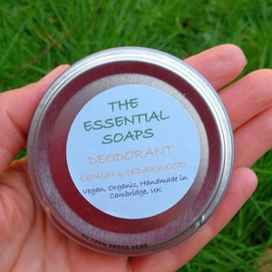 Natural Lemon & Cedarwood Deodorant, handmade in UK, For Women and Men, Plastic Free, Vegan deodorant, Natural Skincare, aluminium free
