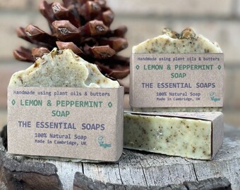Handmade Lemon and Peppermint Soap Bar, Natural, Olive Oil, 110g (Vegan), gifts for men