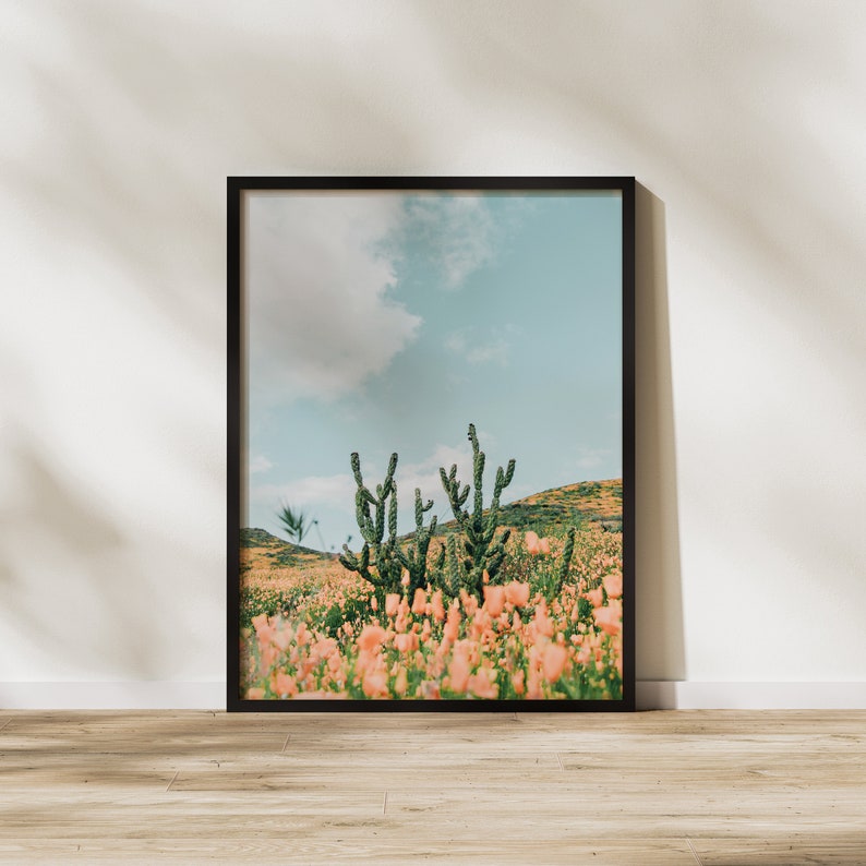 K&ouml;nnte beinhalten: Ein gerahmter Druck eines W&uuml;stenlandschafts mit einer Gruppe von Kakteen im Vordergrund und einem Feld mit rosa Bl&uuml;ten in der Ferne. Der Himmel ist blau mit wei&szlig;en Wolken.