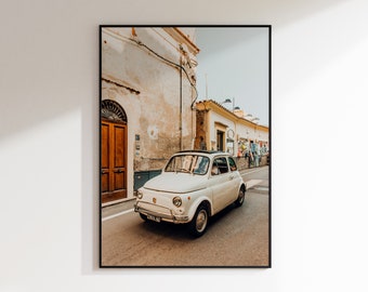 Vintage Charm: Ivory Fiat in Positano, Italy - Digital Download Fine Art Photo Print by Arielle Vey
