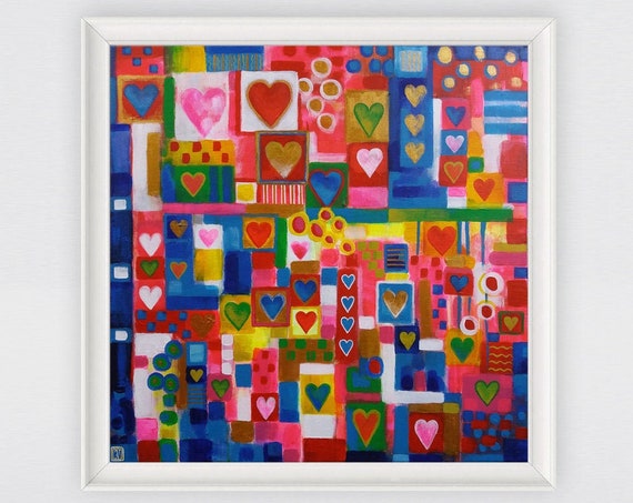 Patchwork Hearts bohemian abstract home decor, multicolored, vibrant, patterned, patchwork painting, original acrylic painting on canvas