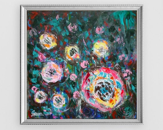 Abstract Roses romantic style, abstract floral wall decor, abstract flowers, knife painting, original acrylic painting on canvas