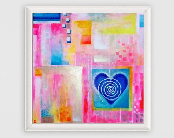 Blue Heart bohemian abstract wall decor, multicolored, vibrant, patterned, decorative art, original acrylic square painting on canvas