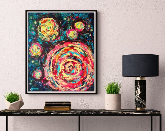 Abstract Roses Orange and Blue floral wall decor, abstract flowers, abstract floral home decor, knife painting, original acrylic painting