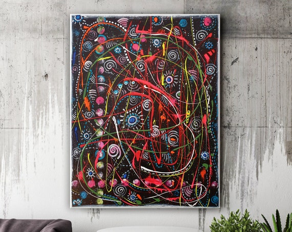 Cosmic Abstraction modern abstract wall art, multicolored, patterned, drip painting, instinctive art, original acrylic painting on canvas