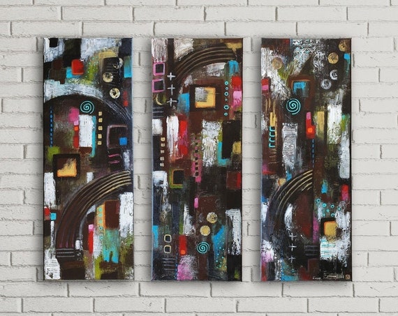 Dark Abstract Wall Decor Set of 3 modern abstract decorative art, contemporary triptych art, original acrylic structure paintings on canvas