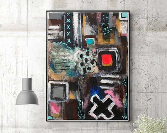 Structures contemporary wall art, modern abstract painting, instinctive art, symbols, original acrylic painting on canvas
