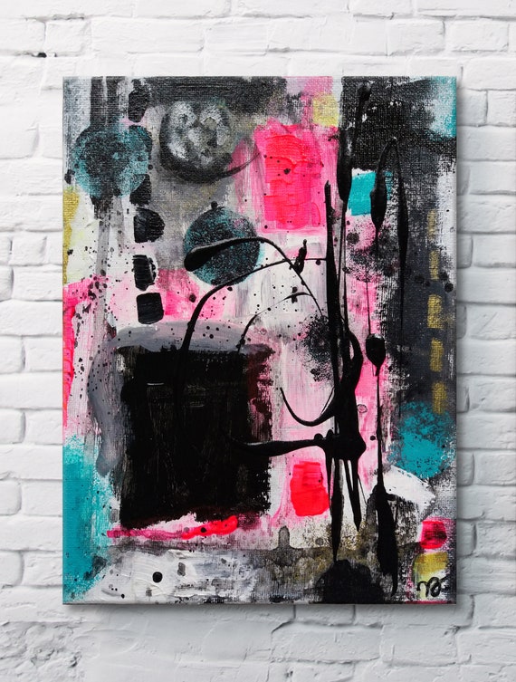 Abstract Black Pink & Blue No.01 modern abstract wall art, small size abstract, instinctive art, original acrylic painting on canvas board