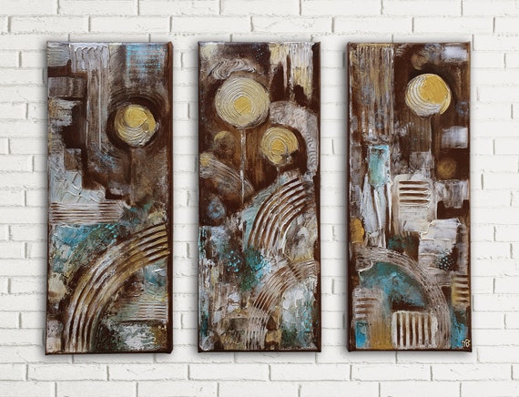 Golden Floral Abstract Set of 3 modern abstract, decorative, contemporary art, small size, original acrylic structure paintings on canvas