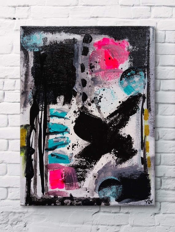 Abstract Black Pink & Blue No.02 modern abstract wall art, small size abstract, instinctive art, original acrylic painting on canvas board