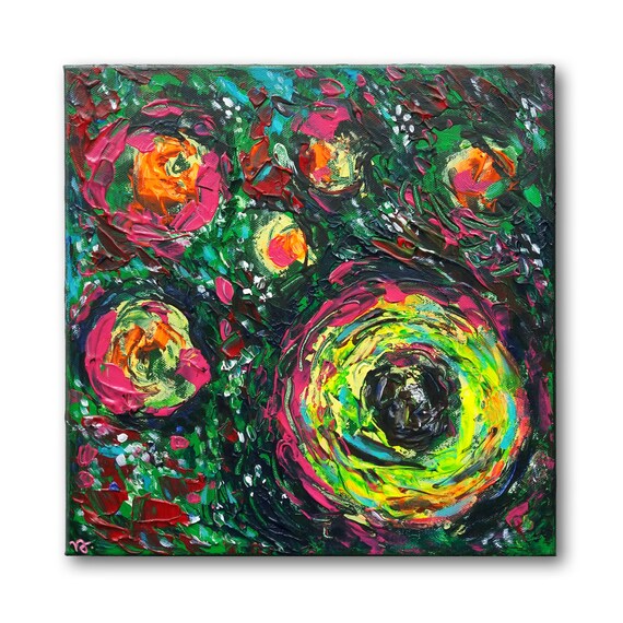 Romantic Spring Flowers Green and Yellow abstract floral wall decor, knife painting, small size, original acrylic painting on 3D canvas
