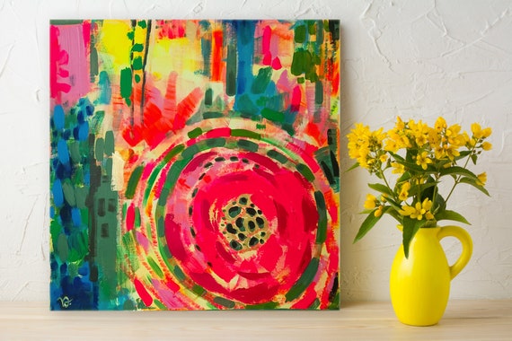 Abstract Flowers Red and Yellow abstract floral wall decor, modern floral art, multicolored, vibrant, original acrylic painting on canvas