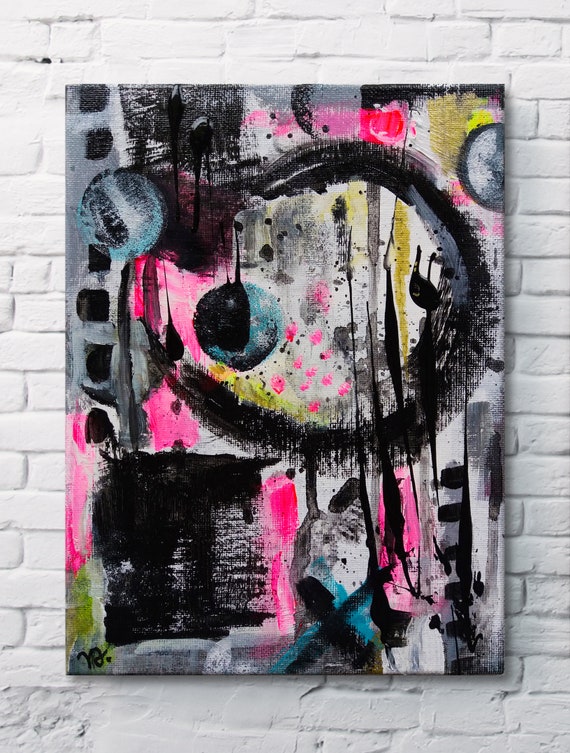 Abstract Black Pink & Blue No.03 modern abstract wall art, small size abstract, instinctive art, original acrylic painting on canvas board