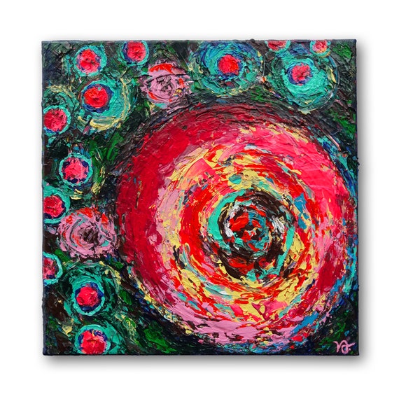 Summer Roses Pink and Blue abstract floral wall decor, abstract flowers, knife painting, small size, original acrylic painting on 3D canvas