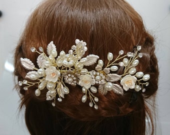 Gold Bridal Hair Comb with Flowers, Leaves, Pearls and Rhinestones