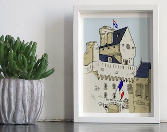 May include: A framed illustration of a stone building with a tower and a French flag. The building has a sign that reads "Hotel de Ville".