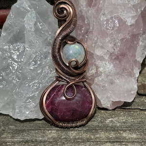 Ruby with Rainbow Moonstone Accent Copper Wire Wrapped Pendant Handmade Gift Gemstone Jewelry
