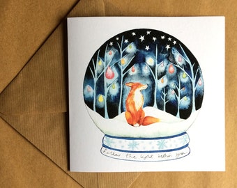 Cute Fox in Snow Globe and Forest Illustration - Printed on Sustainable and Recycled Materials