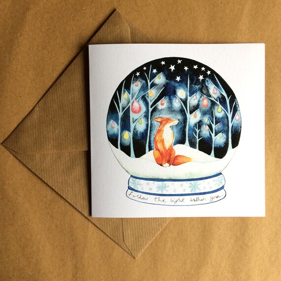 Cute Fox in Snow Globe and Forest Illustration - Printed on Sustainable and Recycled Materials
