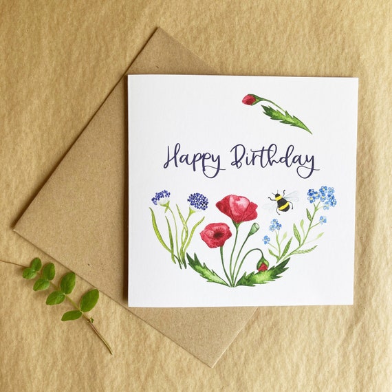 Happy Birthday Card - Wild Flower & Bee Illustration - Premium Art Card Printed On Sustainable Materials