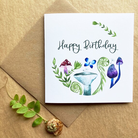 Happy Birthday Card - Fern & Mushroom Illustration - Premium Art Card Printed On Sustainable Materials
