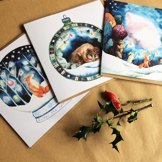 Collection of 6 Christmas Cards - Cute Woodland Animal Cards - Eco Friendly Biodegradable and Recycled Materials - Plain Inside