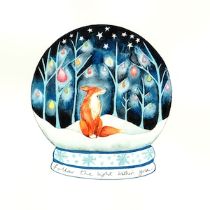 Beautiful Print of Cute Fox In Snow Globe - 'Follow the Light Within You...' - Heart Warming Inspirational Snow Scene -