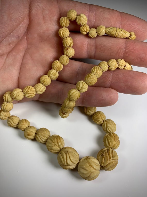 Antique Hand Carved Bone Rosette Necklace: Bohemian Beaded Jewelry