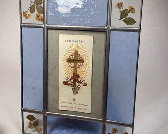 Vintage Pressed Flower Stained Glass Frame: Jerusalem Cross Olive Wood Reliquary
