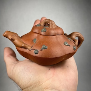 以下が含まれることがあります： 枝のような注ぎ口と取っ手が付いた、小さな茶色のティーポット。 ティーポットには蓋があり、小さな緑色の葉の形をしたアクセントで装飾されています。 ティーポットは手で持たれています。