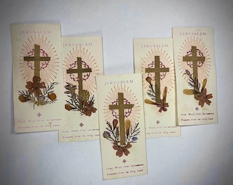Vintage 5pc Jerusalem Cross Reliquary Ephemera. Natural Olive Wood & Pressed Flowers. 1920’s COLLECTION