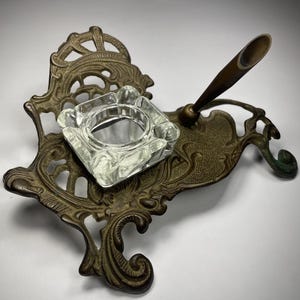 Antique Brass Inkwell & Pen Holder. Art Nouveau Decor