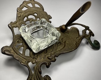 Antique Brass Inkwell & Pen Holder. Art Nouveau Decor