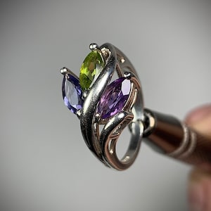Gorgeous Amethyst, Iolite, Peridot Gemstone Ring. Size 6. Artistic Style. Sterling Silver