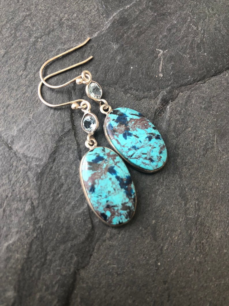 Shattuckite and Blue Topaz 925 Sterling Silver Gemstone Earrings Handmade Gemstone Dangles Handmade Sterling Earrings Gift for Woman