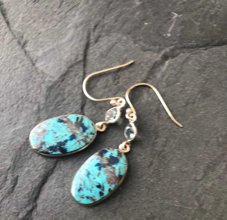 Shattuckite and Blue Topaz 925 Sterling Silver Gemstone Earrings Handmade Gemstone Dangles Handmade Sterling Earrings Gift for Woman