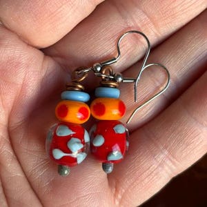 Handmade Lampwork Glass Dangle Earrings: Red Orange Earrings. Feminine Flirty. Artisan Jewelry. Statement Earrings.