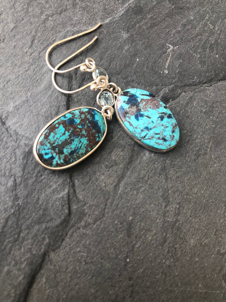 Shattuckite and Blue Topaz 925 Sterling Silver Gemstone Earrings Handmade Gemstone Dangles Handmade Sterling Earrings Gift for Woman
